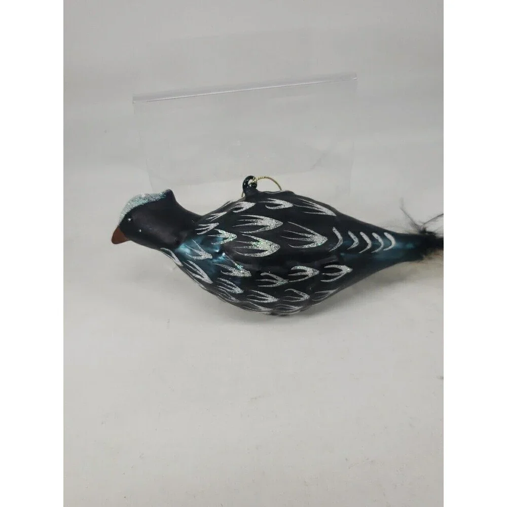 Blown Glass Bird Christmas Tree Ornament Feathers Glitter Dark Green Unique